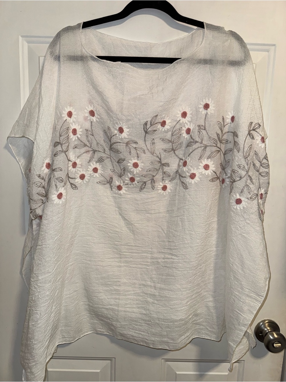 White Boho Embroidered Floral Tunic with Pink Flowers